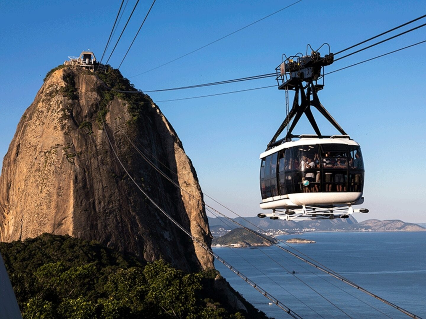 The Sugarloaf cable car arriving over Rio de Janeiro